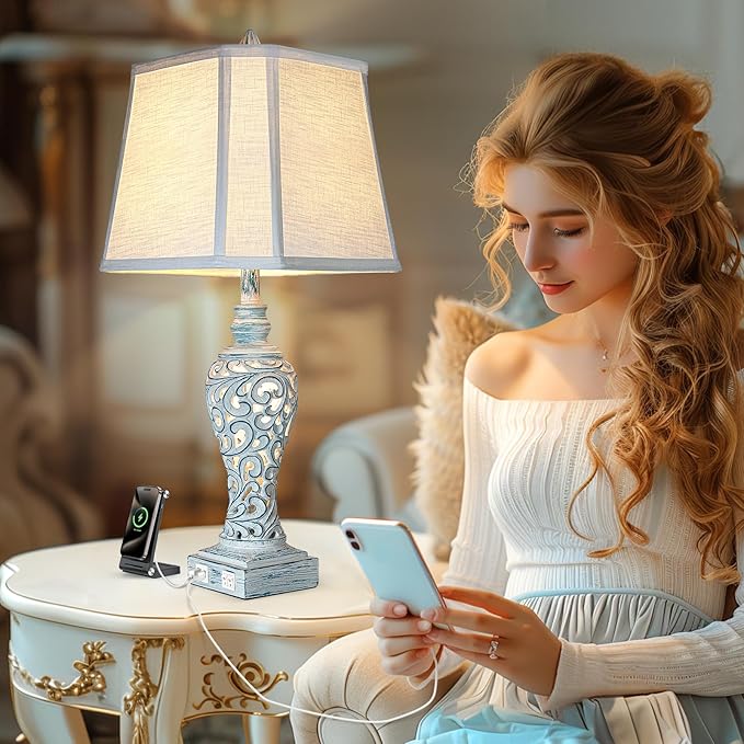 Table Lamp Bedside Lamps Set of 2, 28.5'' Luxsight Farmhouse Table Lamps for Bedroom, Lamps for Nightstands with Night Lights, with USB C+A Ports, Rustic Lamp for Living Room, Bulb Included