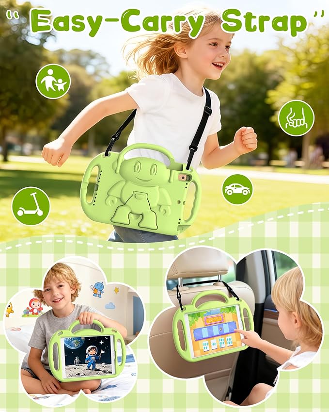 Kids Case for iPad 5th/6th Generation (9.7 inch, 2017/2018) & iPad Air 1/2 9.7" & Pro 9.7, Durable Shockproof Lightweight Kids Cover with Shoulder Strap/Handle/Kickstand, Light Green
