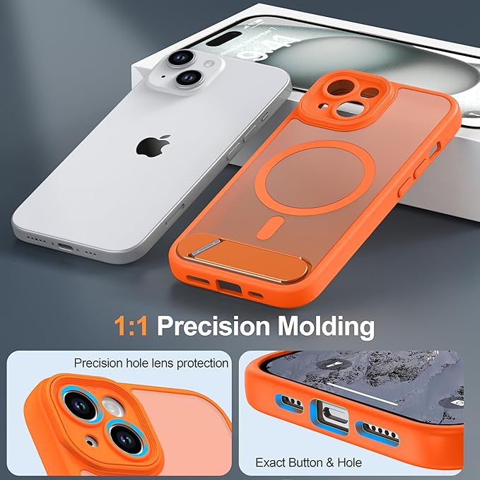 Magnetic Compatible with iPhone 15 Case, [Built-in Invisible Kickstand][Compatible with MagSafe][Full Camera Protection] Translucent Matte Phone Case for iPhone 15 6.1",Orange