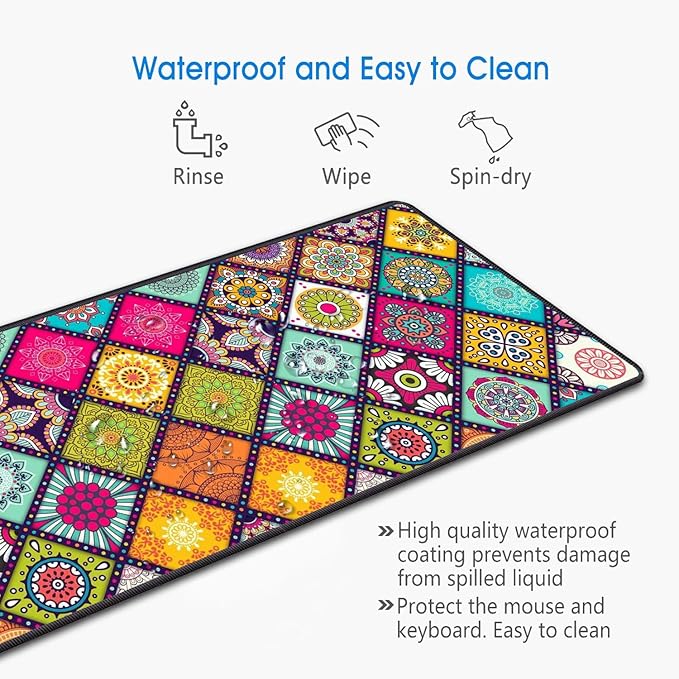 Desk Pad Mat Gaming Mouse Pads with Coasters Set, Stitched Edges Design Mouse Pad XXL Large Mouse Pad for Laptop Computers Flower Mandala Desk Writing Mat for Office & Home 31.5"x 11.8"