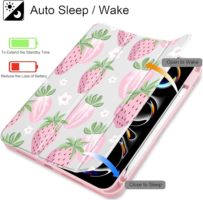 May Chen Case for iPad Pro 11-Inch M5/M4 2025/2024 (6th/5th Generation), [Penceil Holder] Trifold Stand Auto Wake/Sleep Clear TPU Protection Back Cover, Strawberries