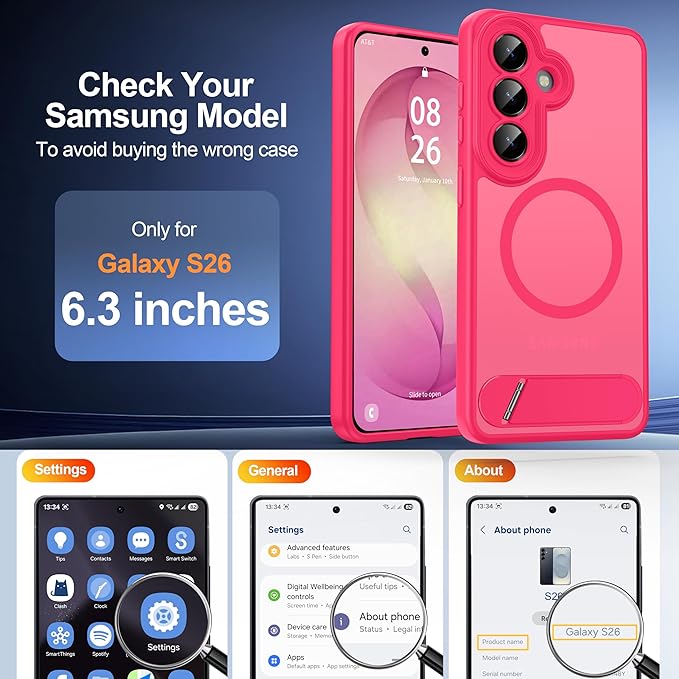 Magnetic for Samsung Galaxy S26 Case, [Compatible with MagSafe][Full Camera Protection][Built-in Invisible Kickstand] Translucent Matte Phone Case for S26 6.3" - Hot Pink