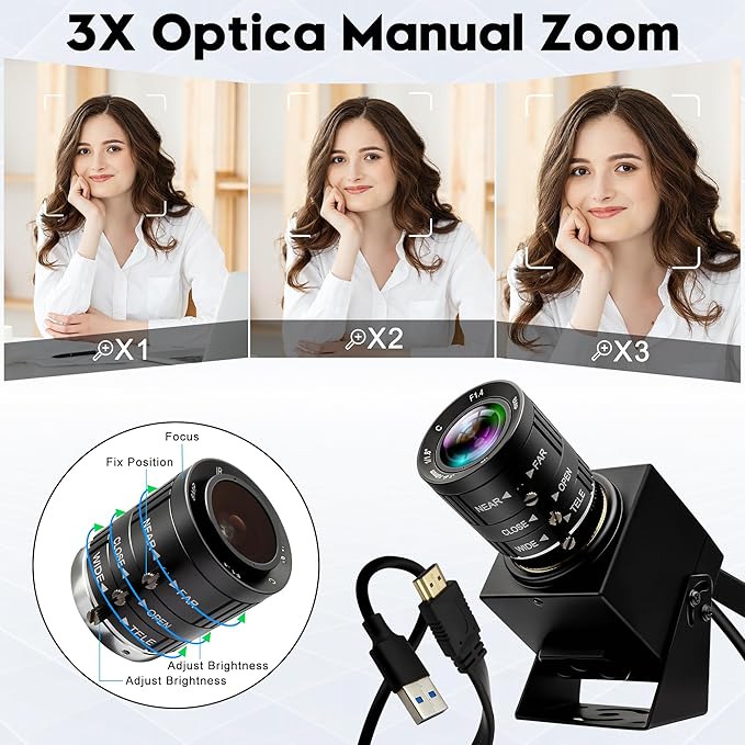 60fps HDMI USB Camera 4K High Speed USB3.0 HDMI Simultaneous Output PC Webcam 3.6-10mm 3X Manual Zoom Lens Close up Camera for Computer TV Projector Monitor Industrial Application