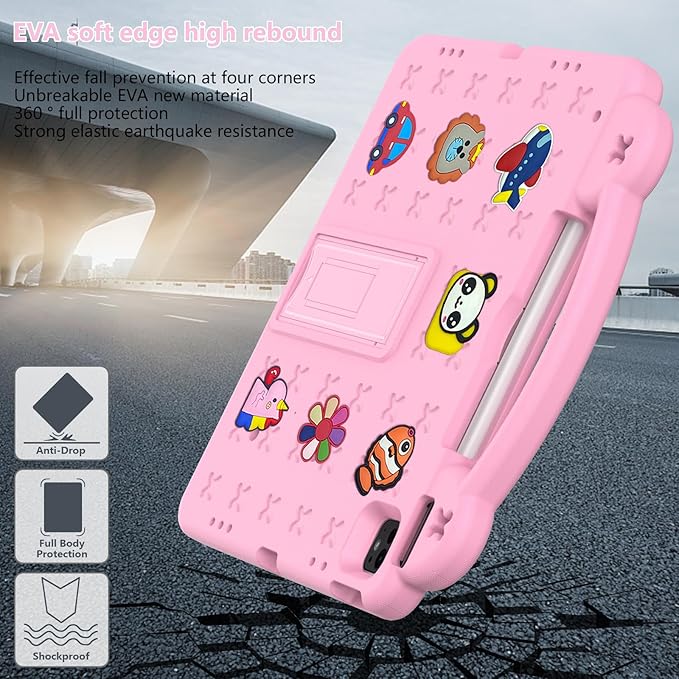 Kids Case for iPad Air 13 inch M3 2025/M2 2024,iPad Pro 13 inch M4 2024 & iPad Pro 12.9 inch Case 6th/5th/4th/3rd Gen 2022 2021 2020 2018 with Stand/Pencil Holder/Handle, Pink Bear