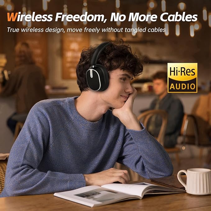 Hybrid Active Noise Cancelling Bluetooth Headphones,Bluetooth 6.0 Over Ear Wireless Headphones with 60H Playtime, Hi-Res Audio, Deep Bass, Memory Foam Ear Cups for Home Office Travel Black