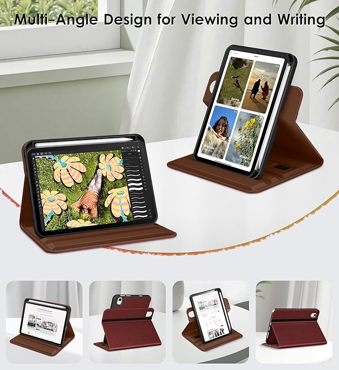 DTTO for iPad mini 7 (A17 Pro) Case, iPad mini 7th / 6th Generation Case (2024/2021), 360 Degree Rotating Premium Leather Folio Stand Cover with Pencil Holder, Burgundy Red