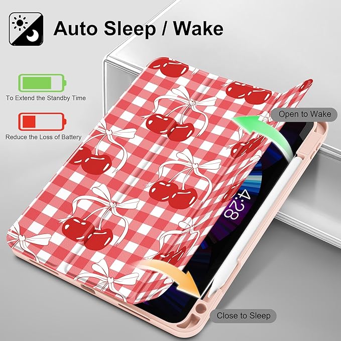 May Chen Case for iPad Pro 11 inch (4th, 3rd, 2nd & 1st Gen) 2022 2021 2020 2018, Trifold Stand + Pencil Holder + Auto Wake/Sleep + Soft TPU Protective Stand Back Cover, Cherry Bow