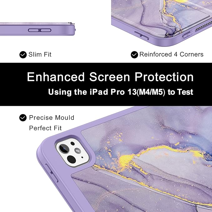 Soke Case for New iPad Pro 13 Inch (M5/M4, 2025/2024 Release), with Pencil Holder Trifold Stand Shockproof [Support Apple Pencil Charging + Auto Wake/Sleep], Soft TPU Back Cover, Lilac Marble