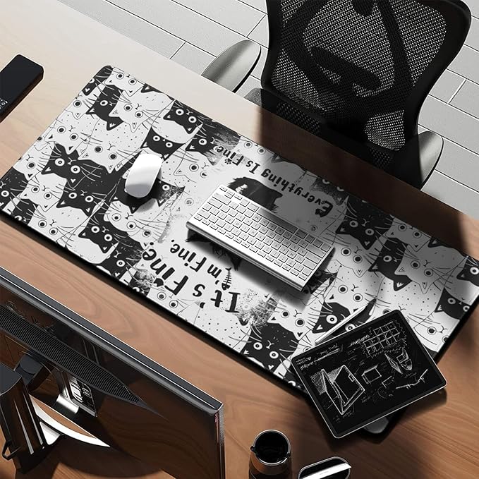 Funny Cat Mouse Pad Gaming, Large Mouse Pads for Desk, Extended Mousepad with Non-Slip Rubber Base Stitched Edge, Black Cat Mousepad Keyboard Mat for Desk Gaming Home Office, 31.5" x 11.8"