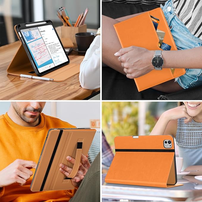 DTTO for iPad Pro 11 inch Case (M5/M4) 2025/2024, Premium Leather Business Folio Stand Cover with Pencil Holder - Auto Wake/Sleep and Multiple Viewing Angles, Orange