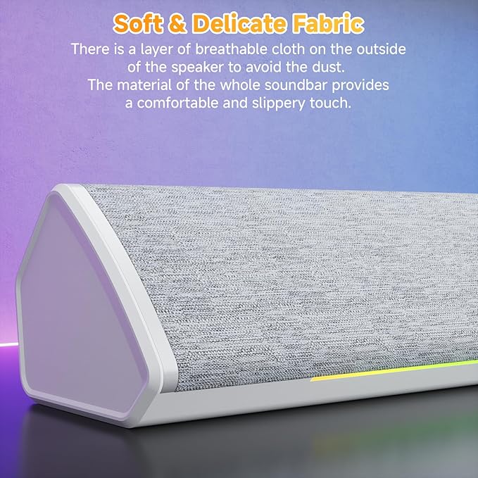 SOULION Computer Speakers, USB-Powered Bluetooth PC Soundbar with Dynamic RGB LED Lights, Surround Sound for Desktop, Laptop, Office, Work, Music & Gaming White (USB-C to USB Adapter Included)