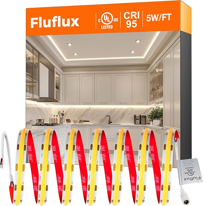 COB LED Strip Lights 3500K, 24V Diffused Tape Light with Strong 3M VHB Adhesive, CRI 95, UL Listed, Cuttable, Flexible, Dimmable, 5W/FT for Cabinet, Stair, Accent (Power Supply Not Included)