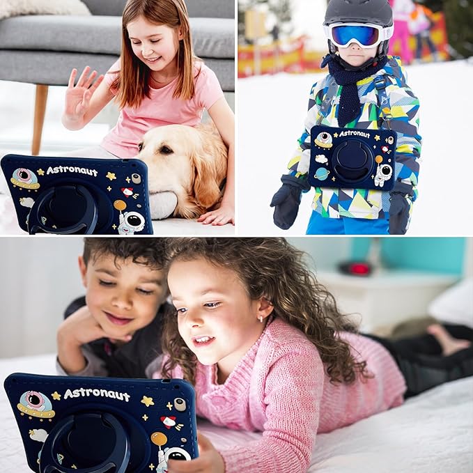 Cute Case for Apple iPad 9th 8th 7th Generation 10.2 Inch 2021/2020/2019 Model, EVA Kickstand Heavy Duty Shockproof Kids Friendly Bumper Case with Shoulder Strap Cover for iPad 10.2", Blue Astronaut