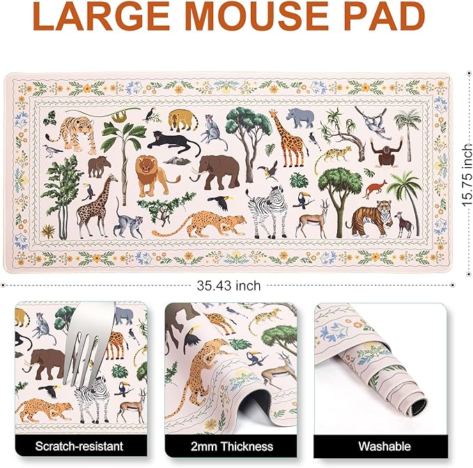 L-SPOUTTO Jungle Animal Desk Mat for Keyboard and Mouse,XXL Large Mouse Pad Non-Slip Keyboard Pad Waterproof Desktop Mat for Laptop Computer Work Game Home Office-Ivory/Beige