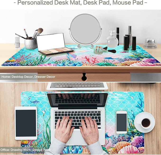 Ocean Mermaid Mouse Pad Desk Mat, Magic Mermaid Large Gaming Mouse Pad Fish Tail Anime Desk Pad Mousepad XXL Extended Keyboard Mat Mouse Mat, Waterproof, 31.5x15.7 in