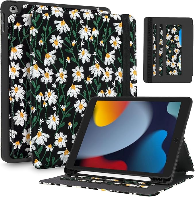Uppuppy for iPad 9th/8th/7th Generation Case 10.2'' - Women Girls Cute Embroidered Folio Stand Cover with Pencil Holder & Card Slot Girly Black Daisy Floral Design Aesthetic Cases for iPad 7th/8th/9th