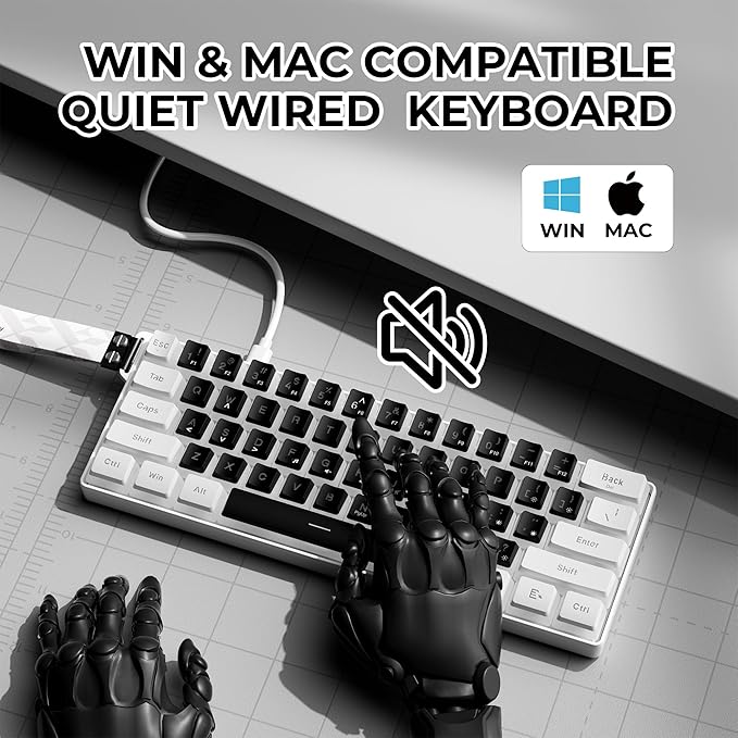 60% Gaming Keyboard,Wired Backlit Mini Membrane Keyboard, Strong Mechanical Feel for PC/Mac Gamer, Typist, Travel, Easy to Carry on Business Trip(61 Keys)-White