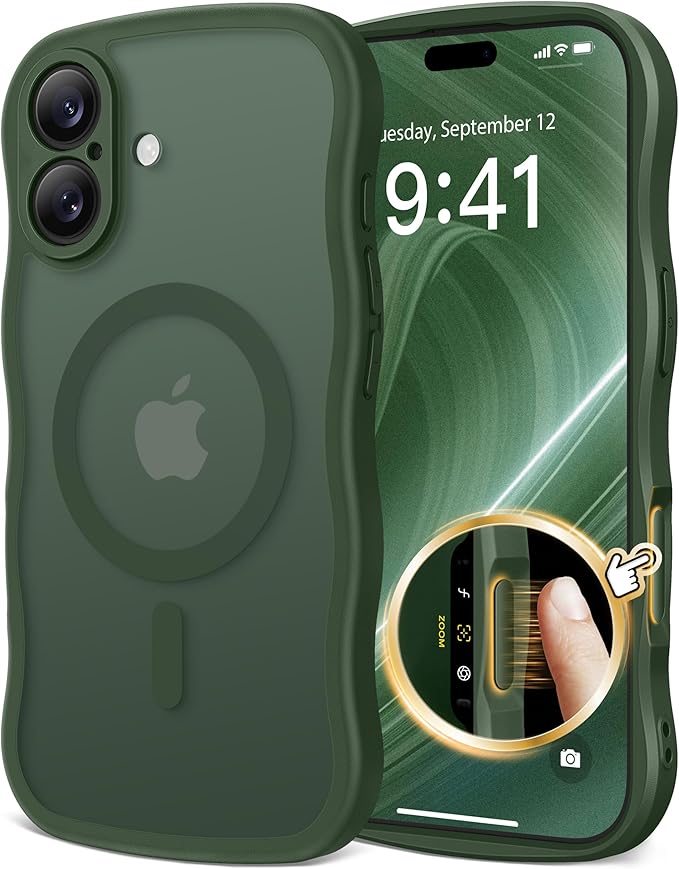CAPRARO Magnetic for iPhone 17 Case for Women Girls, Upgraded [Full Camera Protection] [Compatible with MagSafe] Cute Wave Translucent Matte Phone Case for iPhone 17, Deep Green