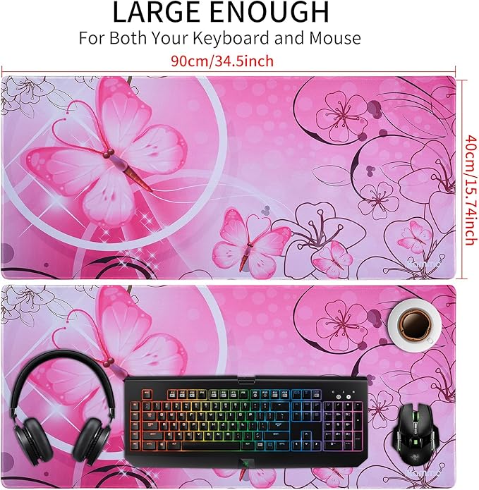 Large XXL Mat Gaming Mouse Pad Extended Full Desk Pad Pink Cute Mouse Pad with Waterproof Surface-Optimized Gaming Surface,Non-Slip Rubber Base Sticthed Edge Mousepad (35"x15.55"x0.08")-Pink Butterfly