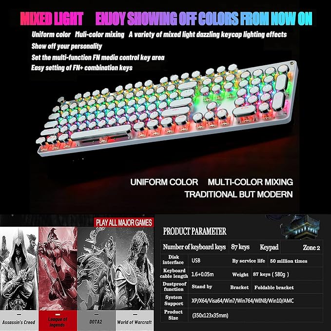 YSCP Typewriter Style Mechanical Gaming Keyboard Rainbow Backlit Wired with Blue Switch Retro Round Keycap 104 Keys Keyboard (L-White)