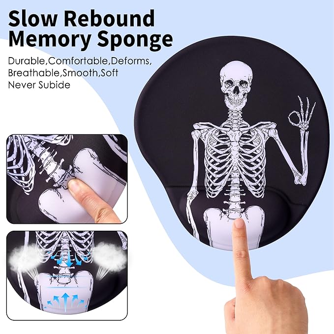 Ergonomic Mouse Pad with Wrist Support,Cute Mouse Pads with Wrist Rest,Comfortable Mouse Pad for Home Office Gaming Work Computers Laptop,Pain Relief with Non-Slip PU Base (Human Skeleton)