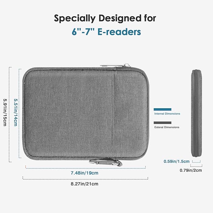 MoKo Padded Ereader Sleeve Case for 6-7 inch Tablet Sleeve Bag Protective Cover Pouch with a Carabiner, Compatible with 7" eReader Colorsoft Signature Edition 2024, 7" Paperwhite 12th, Light Gray