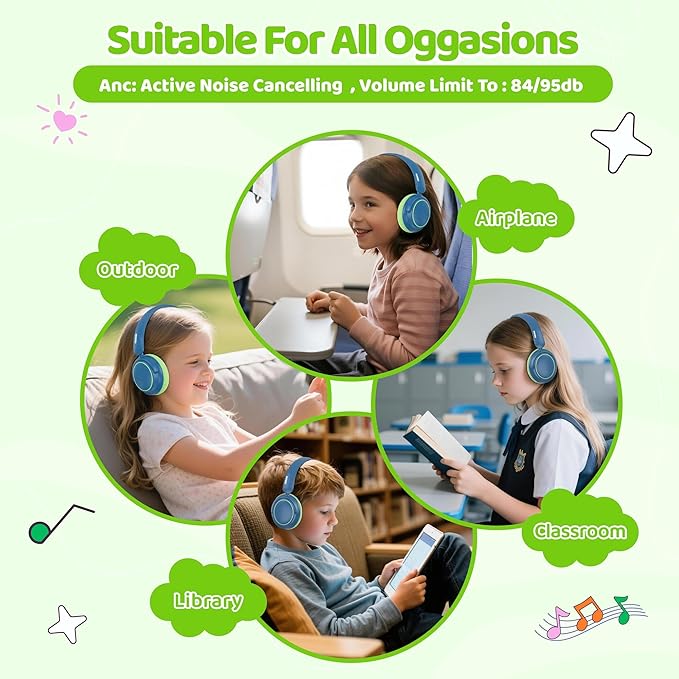 MIDOLA Kids Wireless Headphones Active Noise Cancelling Lightweight Bluetooth Headphone for Kid,Volume Limited 85/94dB Foldable Over-Ear Headset with Mic,68 Hours Playtime,for Toddler Child Green