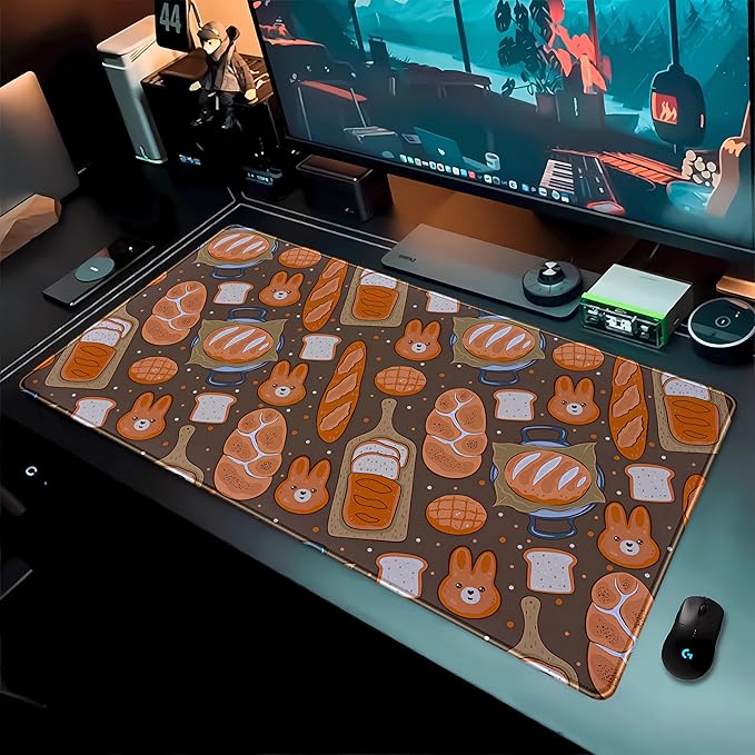 Kawaii Desk Mat Cute Mouse Pad Large Gaming Desk Pad, Bunny Bread Keyboard Mat Extended, Full Desktop Computer Mouse Mat XXL, Pastries Food Desk Decorations for Women Office 31.5x15.7 Inch