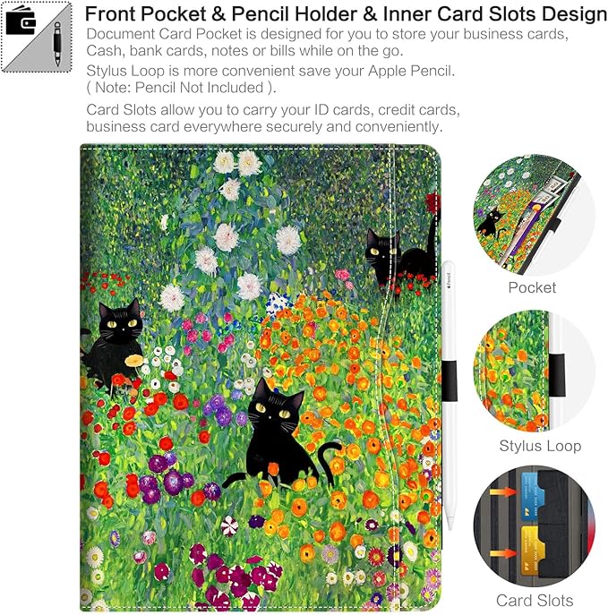 iPad Air 13 inch Case (M4/M3/M2), iPad Pro 12.9 inch Case, iPad Pro 13-Inch (M5/M4) case Shockproof Pencil Holder Multiangle Adjustable Stand/Pocket/Magnetic Closure/Auto Wake Sleep Flowers Garden Cat