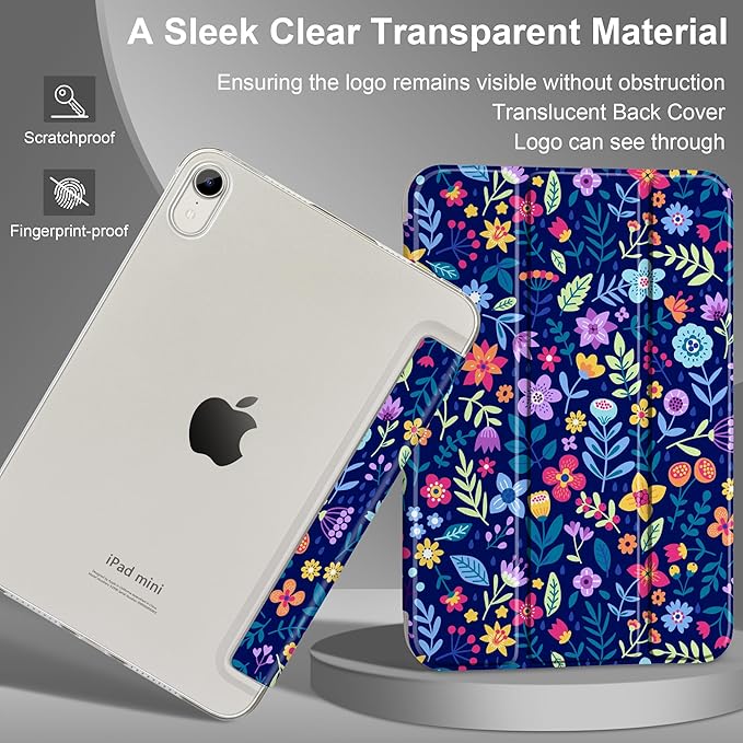 DONGKE for iPad mini 7 (A17 Pro) 2024 & iPad mini 6 2021 8.3 Inch, Slim Foldable Stand Hard PC Translucent Back Shell Smart Cover for iPad mini 7th/6th Generation [Auto Wake/Sleep] - Cute Floral