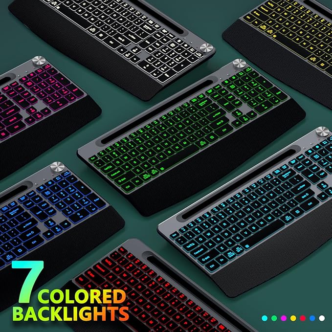 GAMCATZ Ergonomic Backlit Wireless Keyboard with Wrist Rest-Low-Profile,Phone/Tablet Holder,Rechargeable with Light Up Keyboard,Cordless Quiet Computer Keyboard for Desktop,Laptop, PC, Mac-Grey