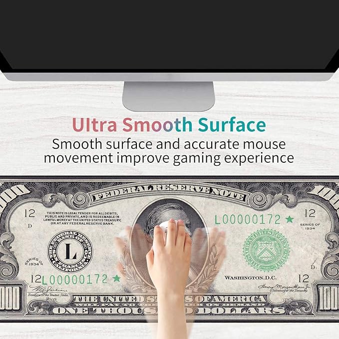 Desk Pad Mat Gaming Mouse Pads with Coasters Set, Stitched Edges Design Mouse Pad XXL Large Mouse Pad for Laptop Computers 1000 Dollar Bill Desk Writing Mat for Office & Home 31.5x 11.8