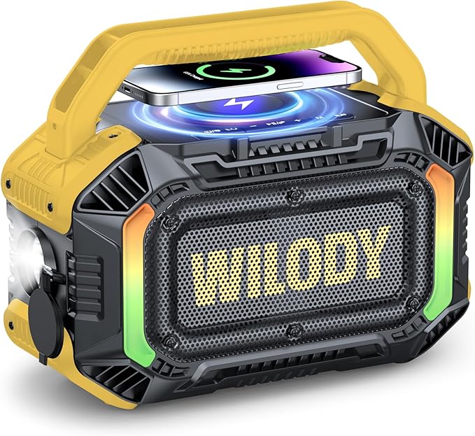 Wilody Speakers Bluetooth Wireless, 100W Loud Outdoor Speaker with Bass, IPX7 Waterproof Floatable, 20H Playtime, Wireless Charge, TWS, RGB Light, Portable Speaker for Work, Garage, Outdoor (Yellow)