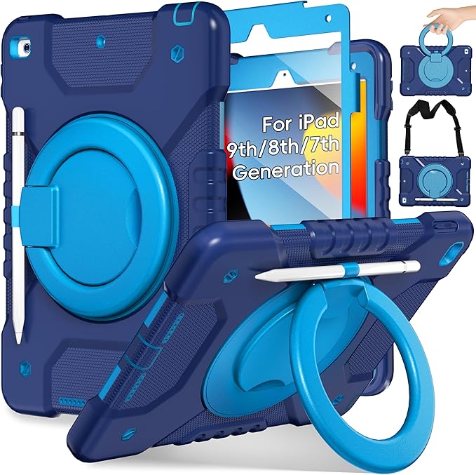 Andnary Case for iPad 9th/8th/7th Generation 10.2 inch, Shockproof Cover with Screen Protector/360° Rotating Handle/Bracket/Pen Holder/Shoulder Strap, Kids Case for iPad 2021/2020/2019 (Navy+Blue)