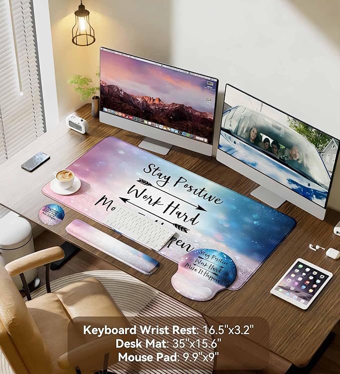 Desk Mat Set + Keyboard and Mouse Pad with Wrist Rest Support,4-in-1 Large Mousepad Computer Mats for Desktop Home & Office-Glitter Pink Blue