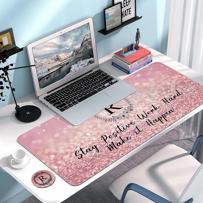 Pink Large Gaming Mouse Pad with Coaster, Desk Mat, Mouse Pad for Computer Keyboard Laptop Office Decor, Stitched Edges Extended Mousepad, 31.5'' x15.6''-Letter R