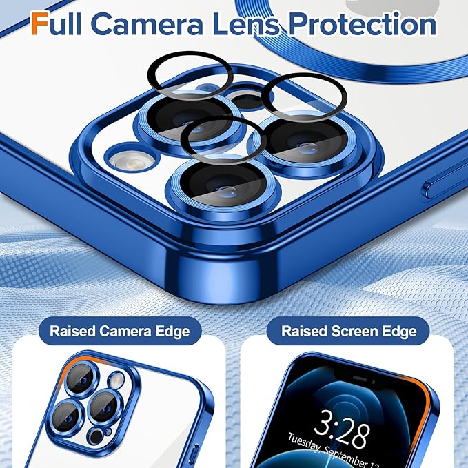 Hython Magnetic Clear for iPhone 12 Pro Max Case with Camera Lens Protector [Compatible with MagSafe] Plating Edge Slim Soft TPU Cover Protective Phone Case for iPhone 12 Pro Max 6.7", Deep Blue