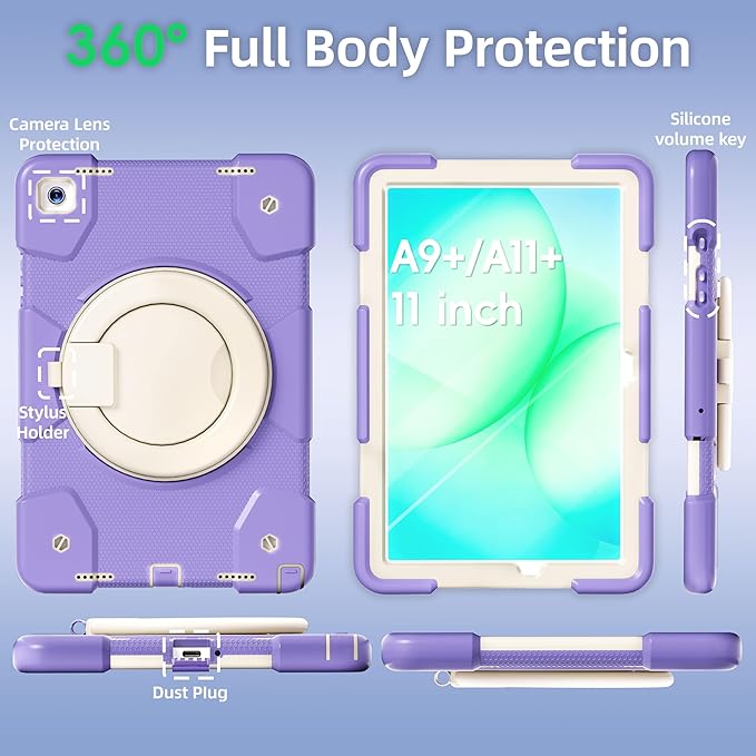 Andnary Case for Samsung Galaxy Tab A11+ Plus/A9+ 11 Inch 2025/2023, Tablet Case for Samsung Galaxy A9 Plus/A11+ with Screen Protector/360° Rotating Stand/Pen Holder/Shoulder Strap (Purple)