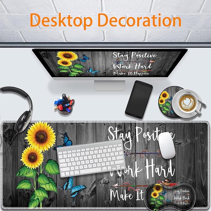Durable Desk Mat + Wrist Rest Pad + Coasters Set, Large Gaming Office Mouse Pad 31.5 "x 11.8", Extended Non-Slip Rubber Keyboard Pad, Laptop & Home, Sunflower Inspirational Quote