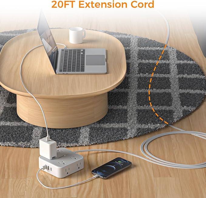 TESSAN Surge Protector Power Strip, 20 Ft Flat Plug Extension Cord with 3 USB (1 USB C) 8 Outlets, 1250W, 900J Protection, 3 Sided Outlet Extender with Power Switch for Office, Dorm Room, Grey