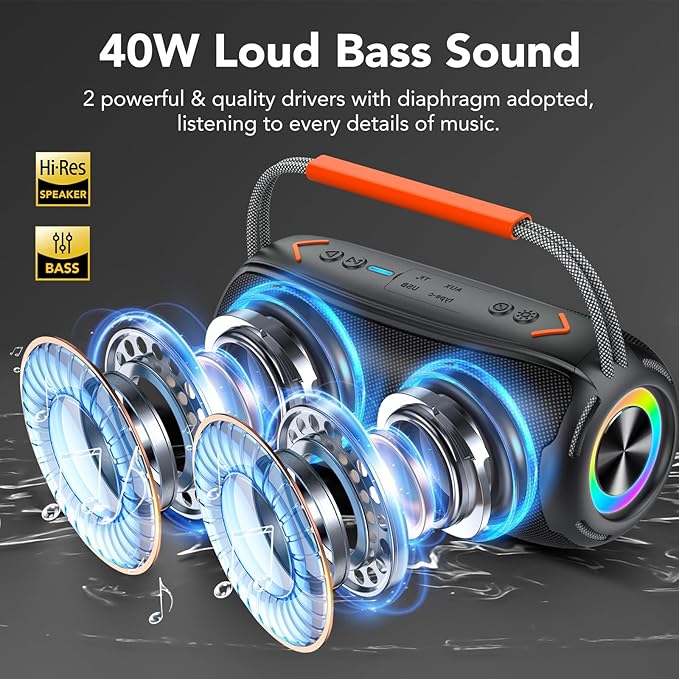 aowoka Bluetooth Speaker Portable Wireless Bluetooth Speakers with HD Stereo Sound, BT 5.4 TWS Pairing, IPX7 Waterproof, 30H Battery Life with Led Light for Outdoor/Party/Sport/Travel/Gifts