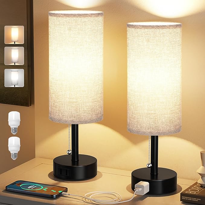 Fenmzee Grey Bedside Table Lamps Set of 2-3 Color Temperatures Pull Chain Lamp with AC Outlet Charging Port, Round Night Stand Lamps for Bedroom Office, Small Bed Side Light with E26 LED Bulbs