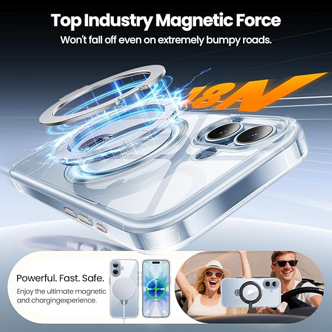 360°Ring Stand for iPhone 17 Case with 1X Screen Protector +1X Camera Cover,Shockproof,Dropproof,Fit for MagSafe, Anti-Yellowing & Scratch-Resistant Back Phone Case for iPhone 17 6.3", Clear Stand Set