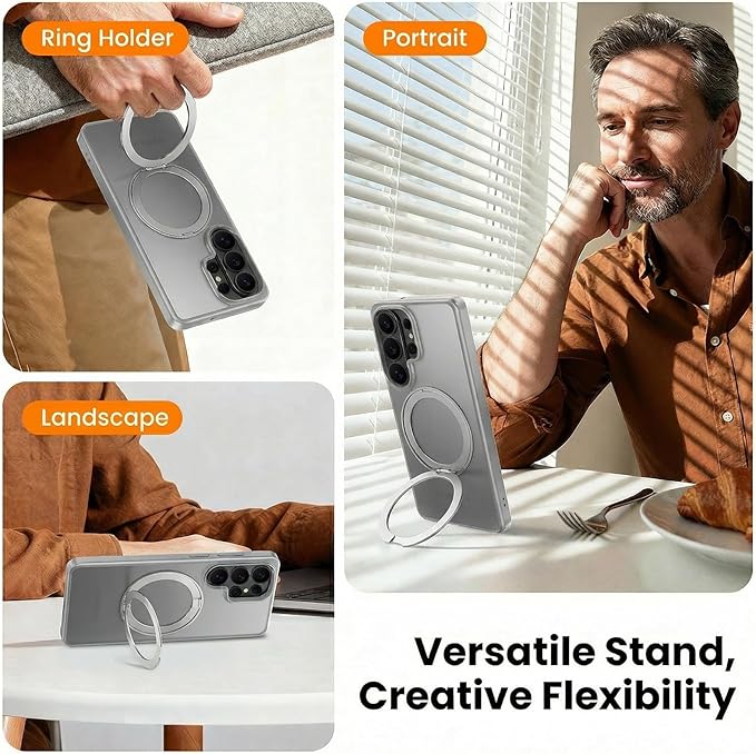 360°Ring Stand for Samsung Galaxy S26 Ultra Case with 1X Screen Protector +1X Camera Cover,Fit for MagSafe, Translucent Matte Cover & Scratch-Resistant Back Cover for Galaxy S26 Ultra 6.9", Gray
