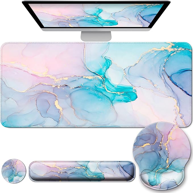 Desk Mat Set + Keyboard and Mouse Pad with Wrist Rest Support,4-in-1 Large Mousepad Computer Mats for Desktop Home & Office-Golden Blue Marble