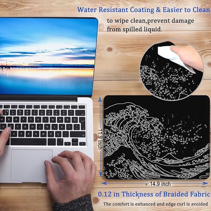 Mouse Pad, Large Gaming Mouse Pad with Double Stitched Edges, 14.9 x 11.7 inches Premium-Textured & Waterproof Mousepad, Nonslip Natural Rubber Base Mouse pad for Laptop,Computer, Office, Wave