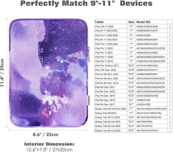 MoKo 9-11 Inch Tablet Sleeve Bag Carrying Case Fits iPad air 5 10.9" 2022, iPad Pro 11 M2 2022-2018, iPad 10th 10.9,iPad 9/8/7th Gen 10.2,iPad Air 4 10.9/Air 3 10.5,Tab S8/S9 11", Purple Starry Sky