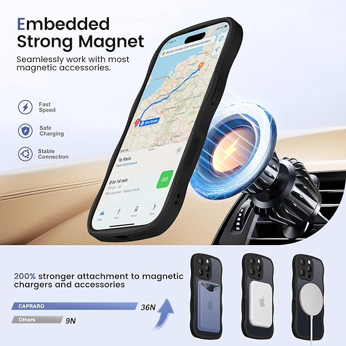 CAPRARO for iPhone 16 Pro Case with 360° Spin Magnetic Stand for Women, [Compatible with MagSafe] [Full Camera Protection] Cute Wave Translucent Matte Case for iPhone 16 Pro, Black
