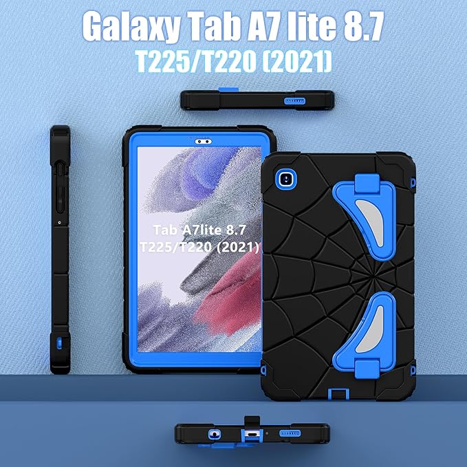 AKABEILA Compatible with Samsung Galaxy Tab A7 Lite 8.7 inch T225/T220(2021) Tablet Case，Lightweight Shockproof Rugged Protective Cover with Kickstand for Kids Children Boys Babies Black Blue