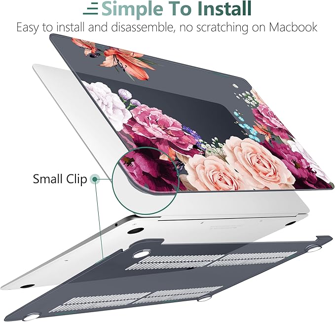 TWOLSKOO Matte Hard Shell Case Keyboard Cover Screen Protector Trackpad Protector for MacBook Air 13 inch Retina 2021 2020 2019 2018 Release Model: A2337 M1/A2179/A1932, Black Peony